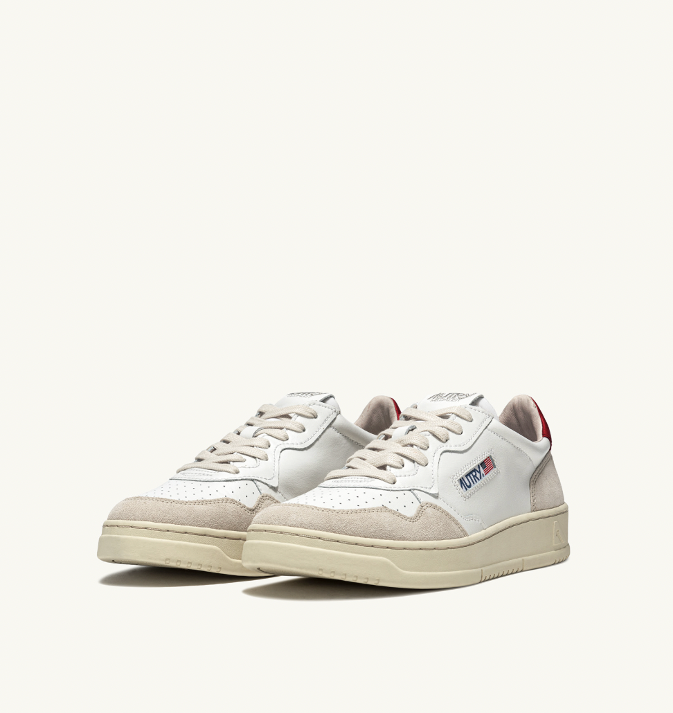 MEDALIST LOW SNEAKERS IN WHITE AND RED LEATHER AND BEIGE SUEDE