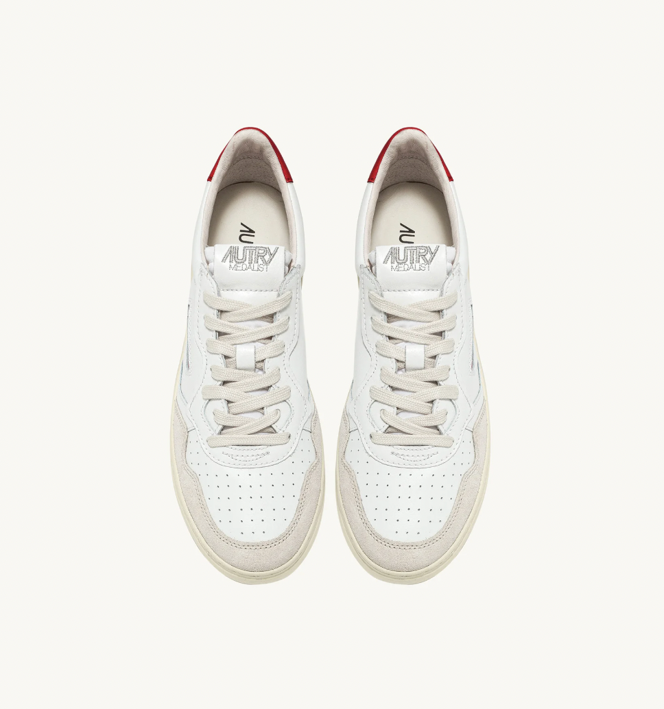MEDALIST LOW SNEAKERS IN WHITE AND RED LEATHER AND BEIGE SUEDE