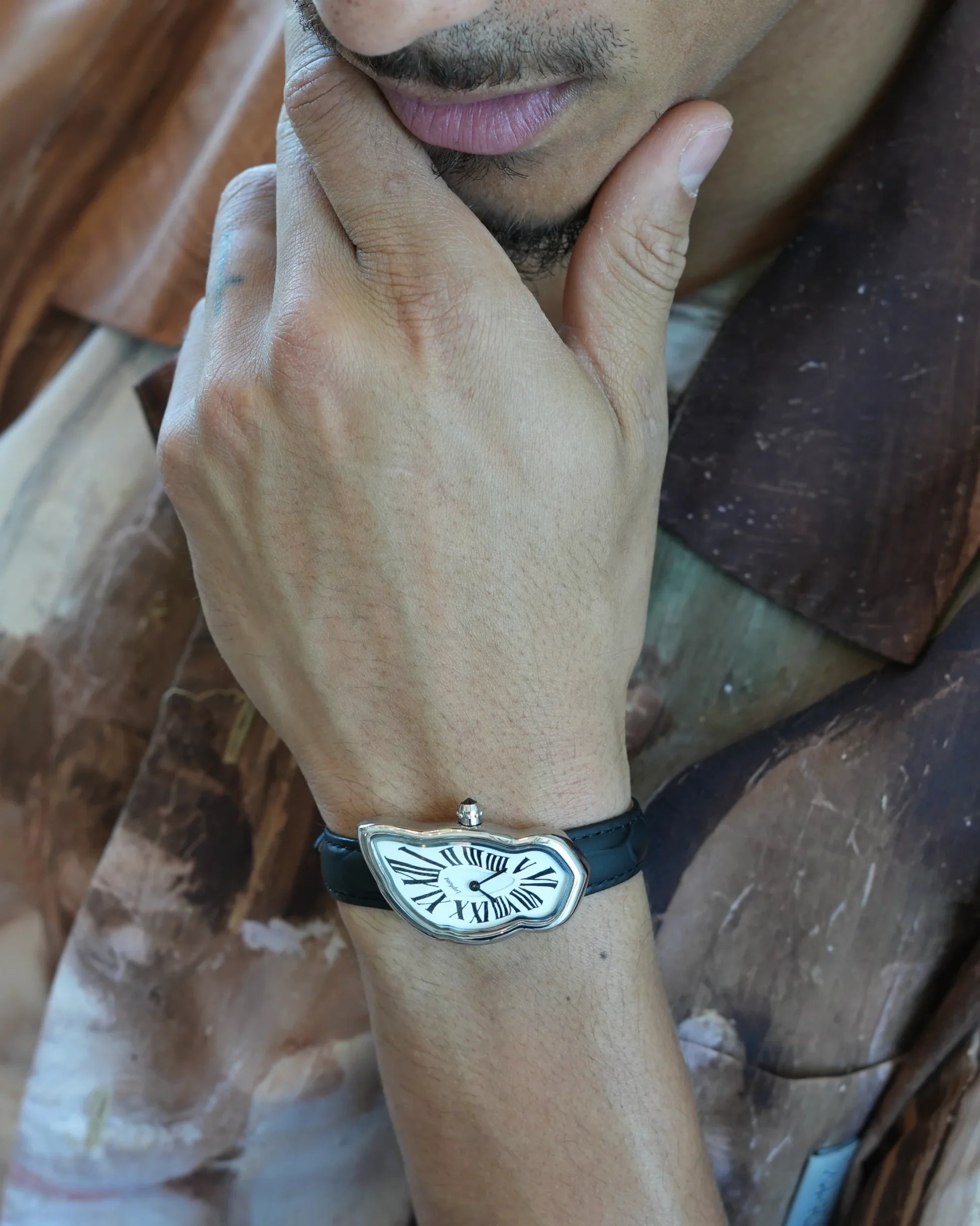 Laphont Melting Watch Slim Silver Case Mens Band Black