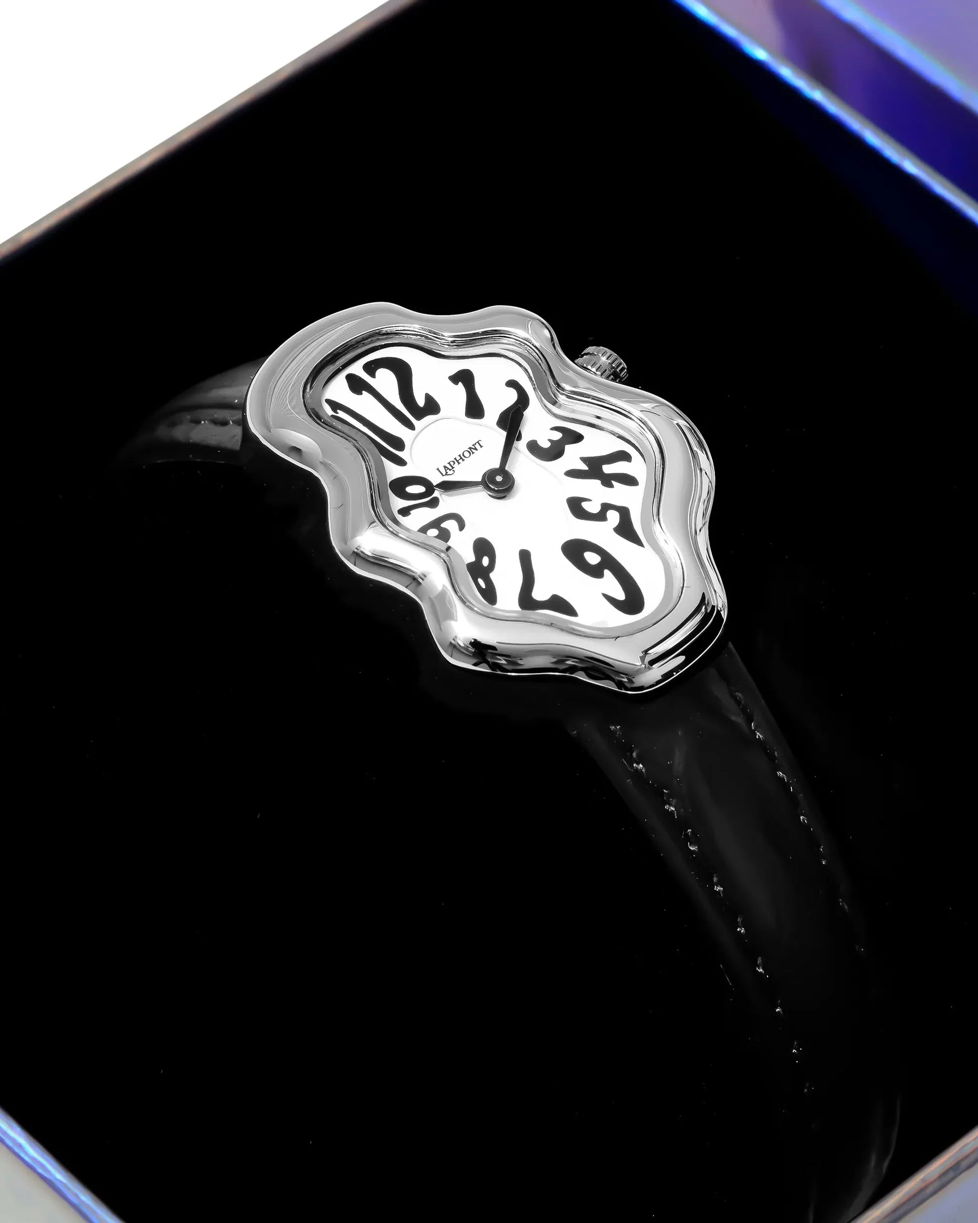 Laphont Mirage Watch Silver Case Black Band White Dial fem