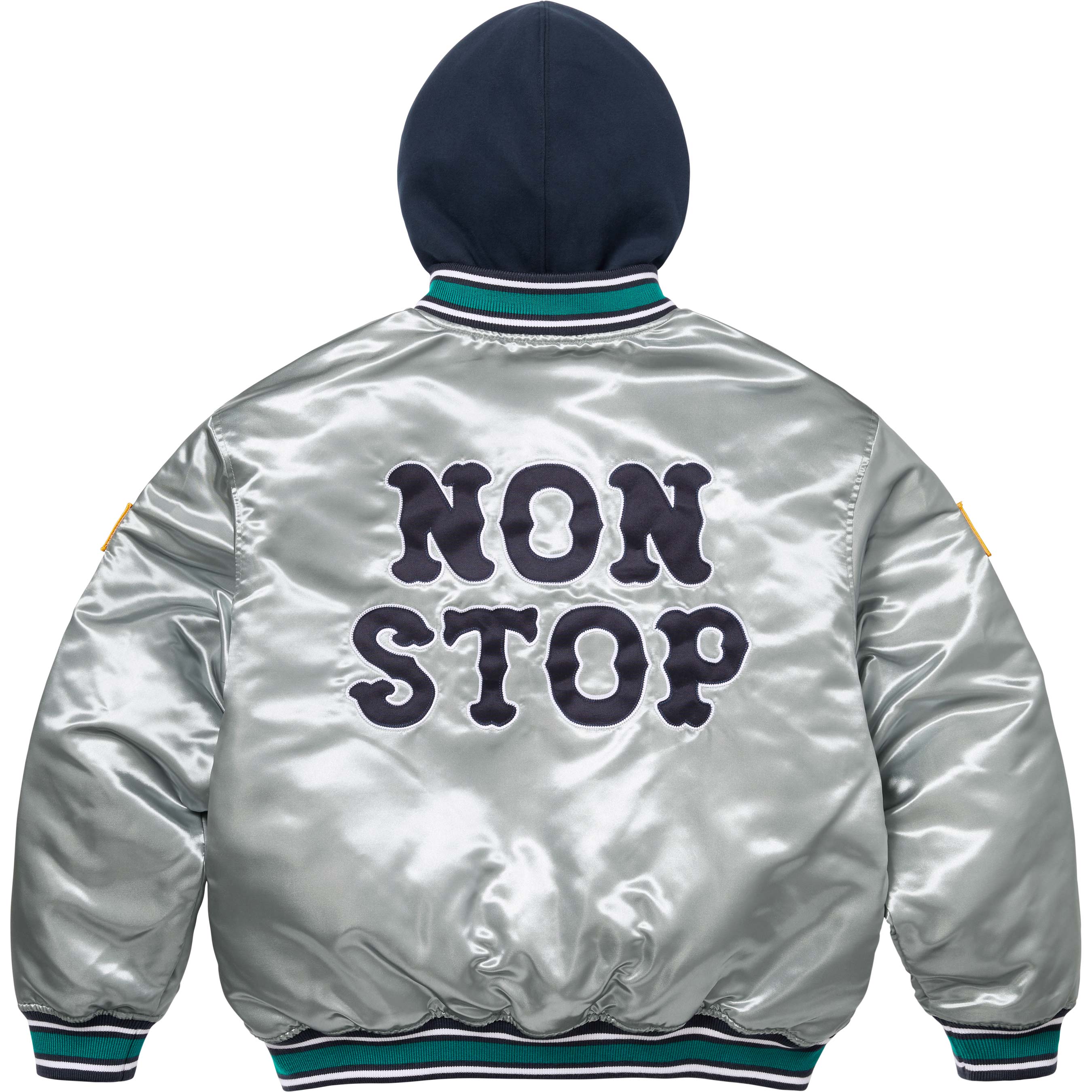 HOMERUN SATIN HOODED VARSITY JACKET SILVER
