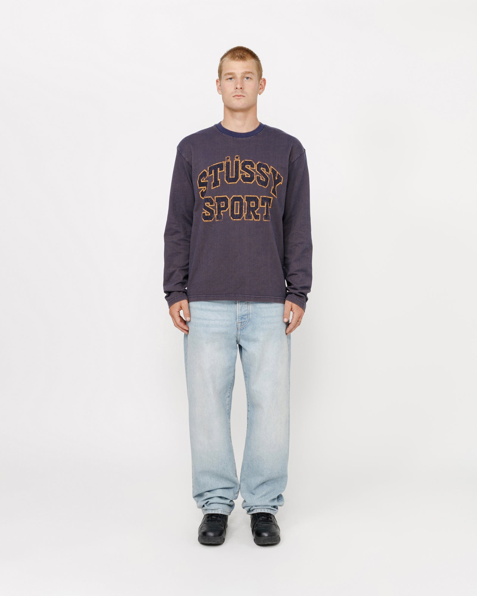 2TONE COTTON MESH LS CREW NAVY