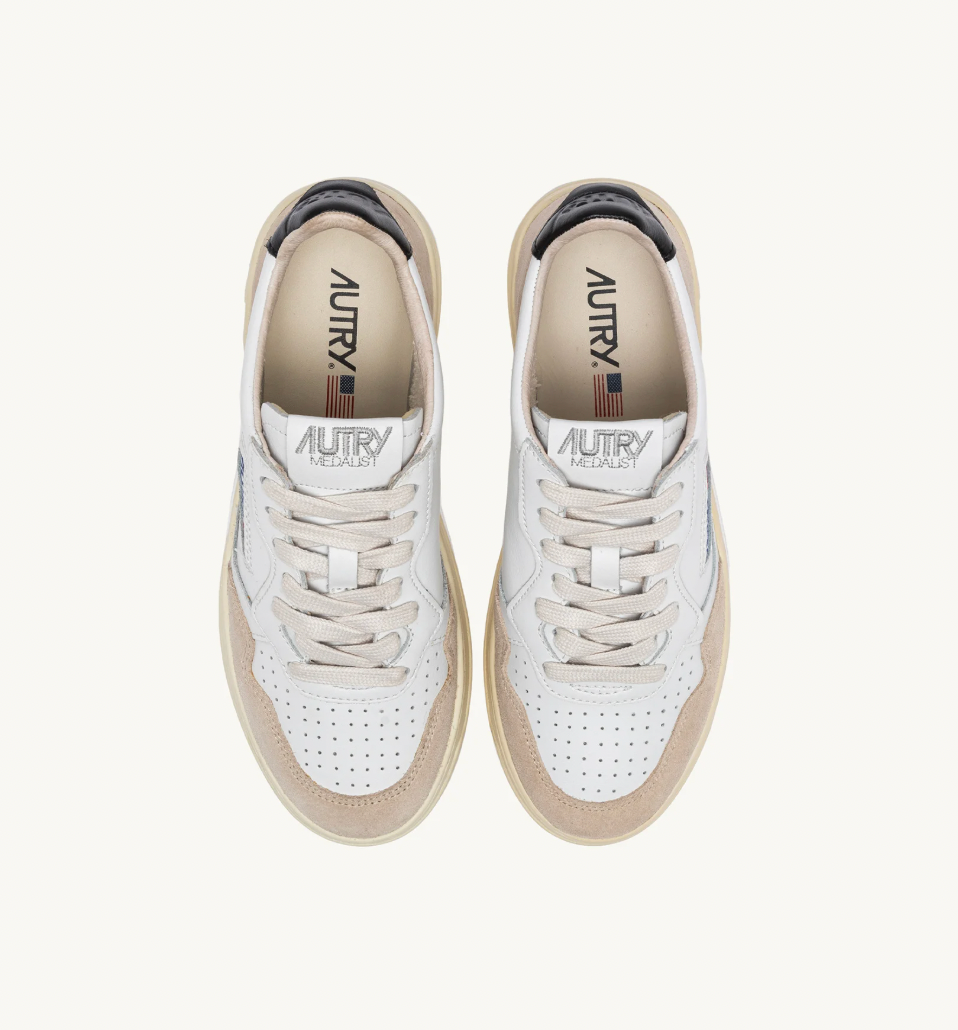 MEDALIST LOW SNEAKERS IN WHITE AND BLACK LEATHER AND BEIGE SUEDE