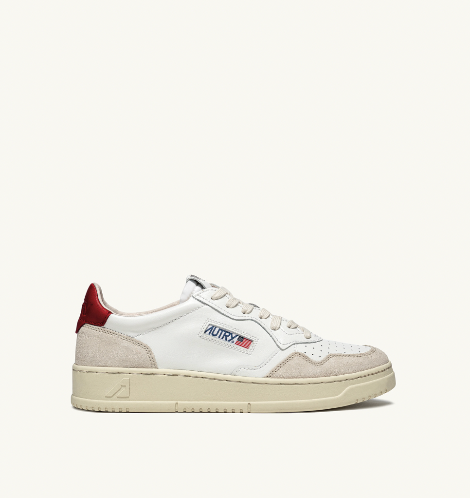 MEDALIST LOW SNEAKERS IN WHITE AND RED LEATHER AND BEIGE SUEDE