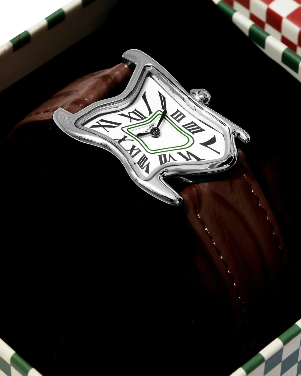 Laphont Melting Watch Square Silver Small Case Band Brown White Dial