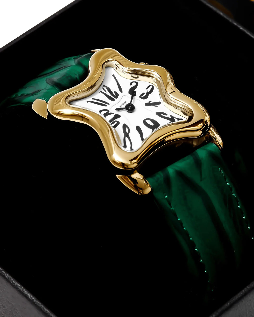 Laphont Ooblong Watch Gold Case Green Band White Dial