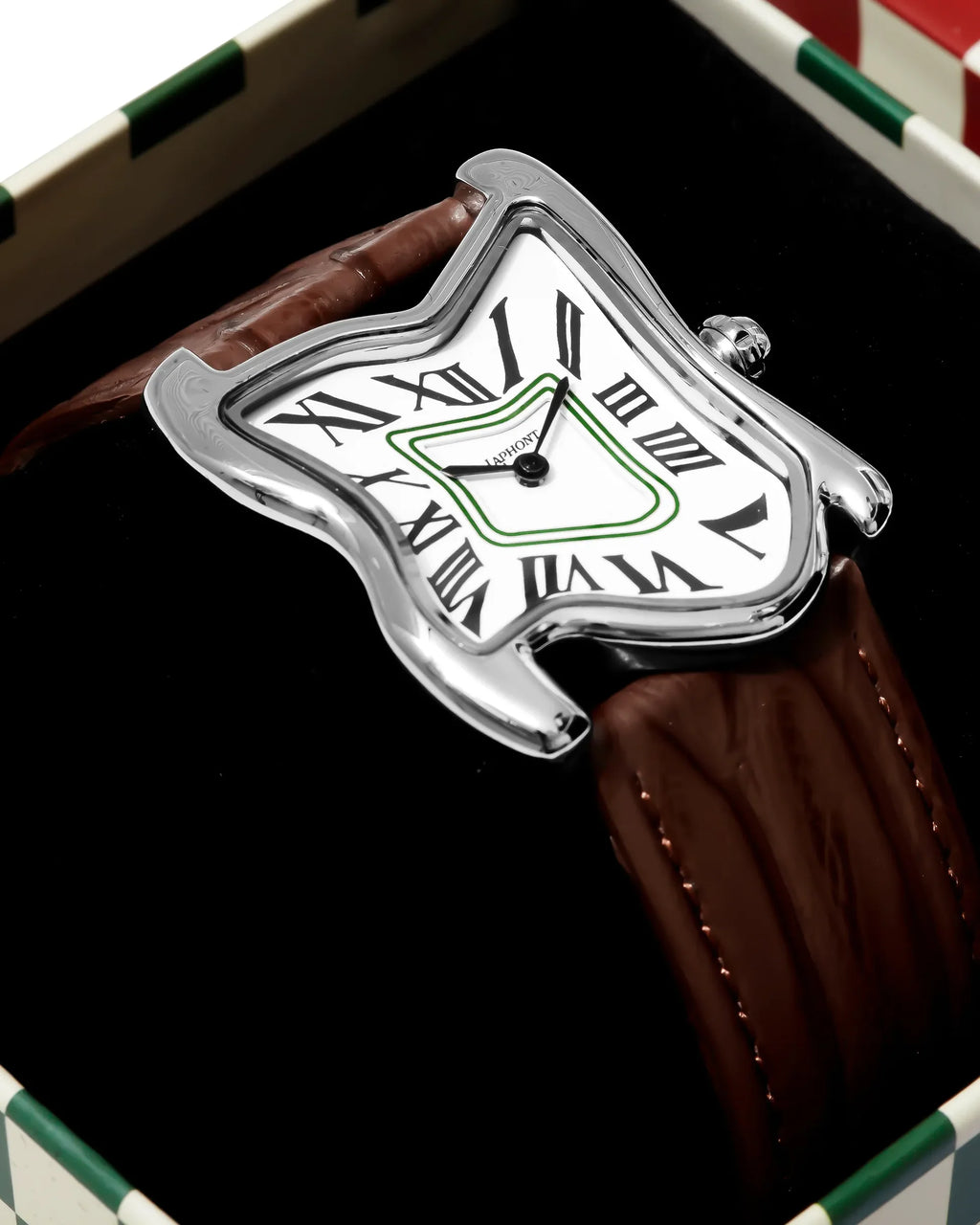 Laphont Melting Watch Square Silver Large Case Band Brown White Dial