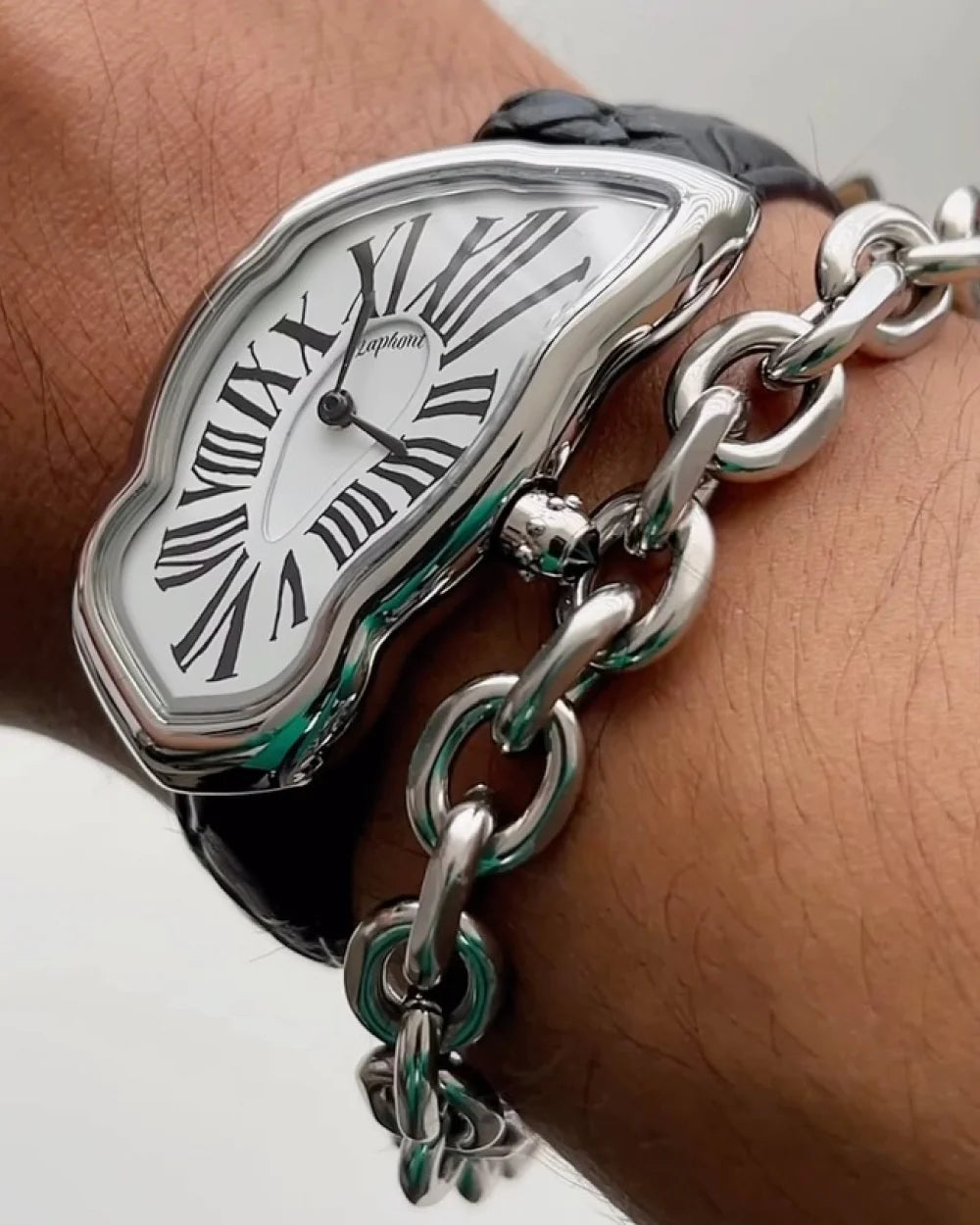 Laphont Melting Watch Slim Silver Case Women Band Black