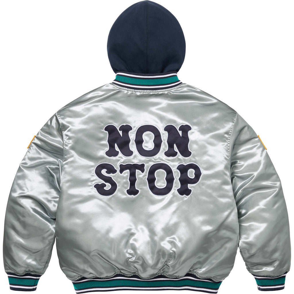HOMERUN SATIN HOODED VARSITY JACKET SILVER