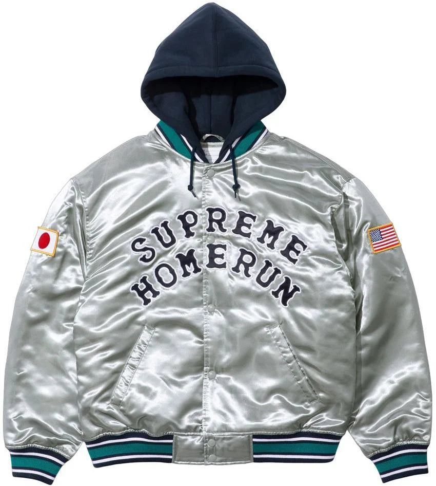HOMERUN SATIN HOODED VARSITY JACKET SILVER