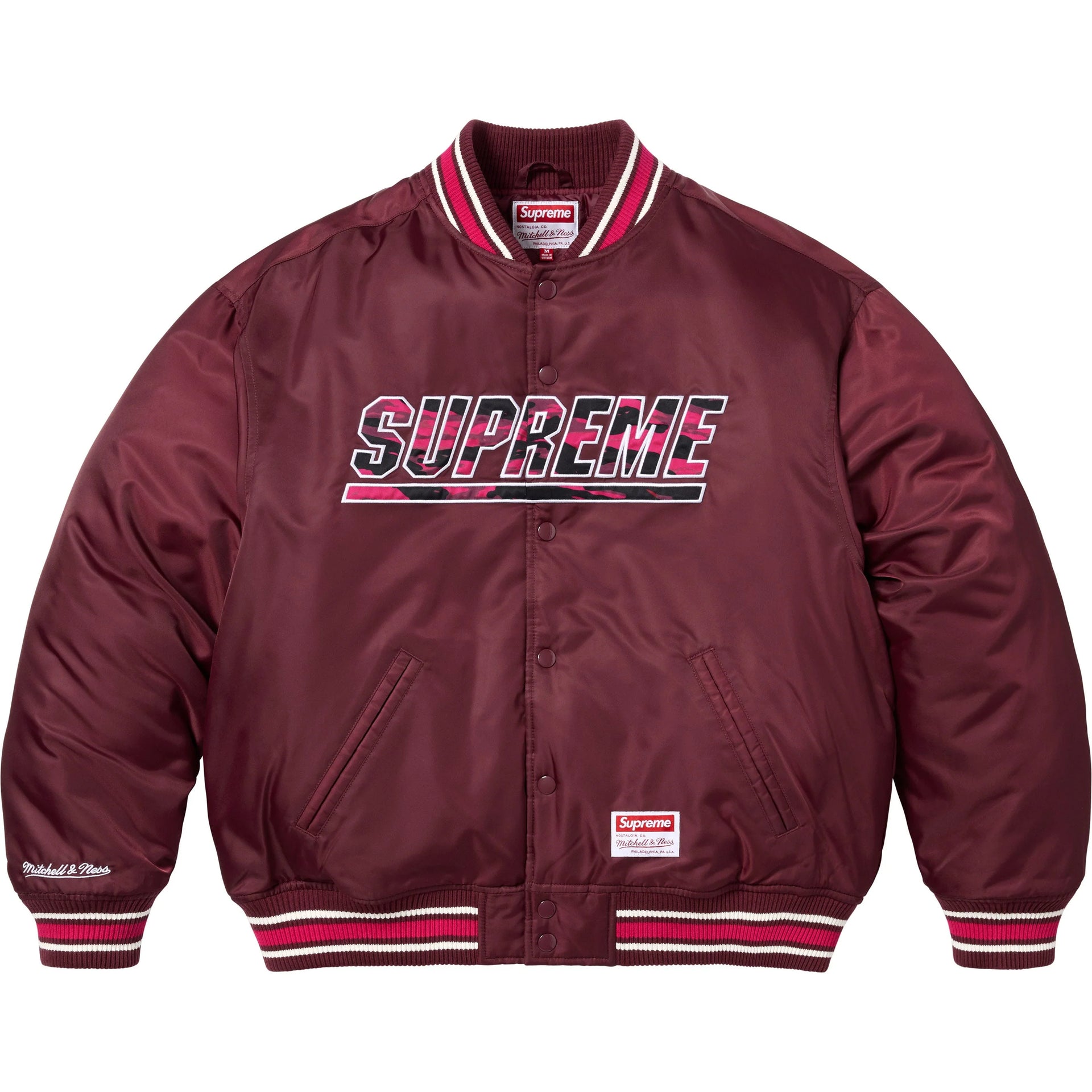 Supreme®/Mitchell & Ness® Camo Logo Varsity Jacket Burgundy