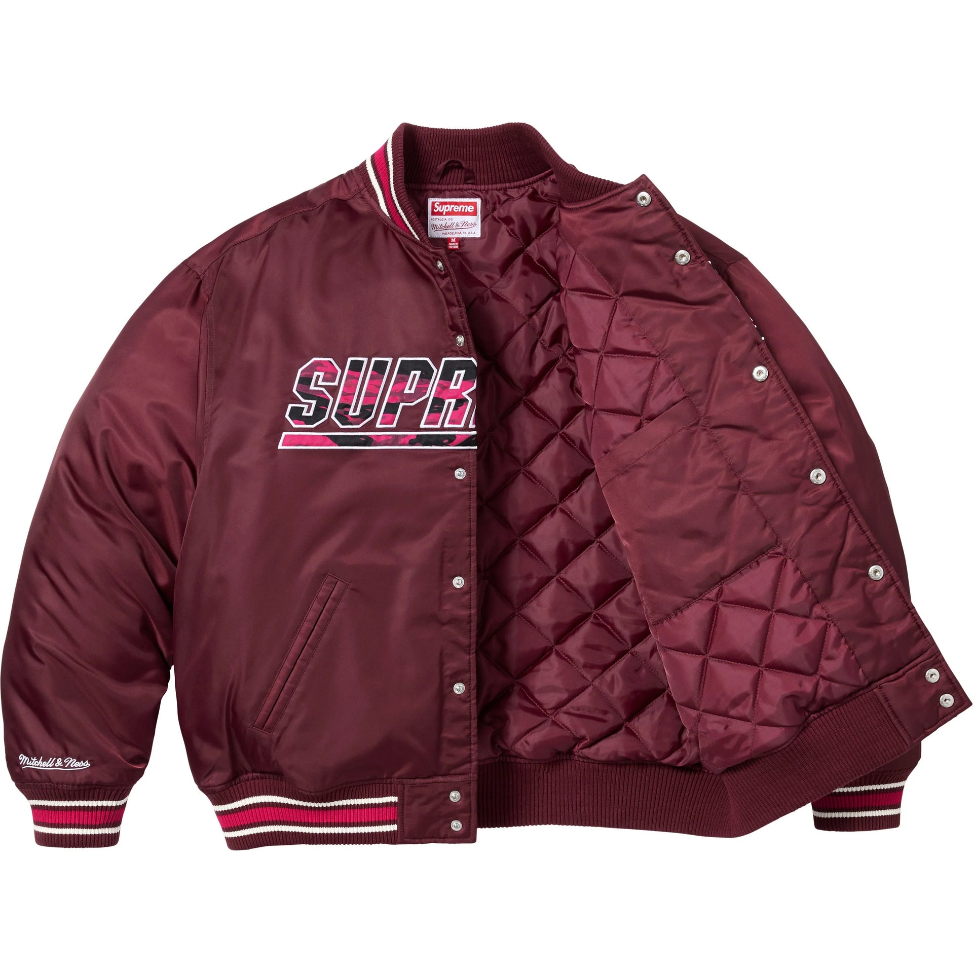 Supreme®/Mitchell & Ness® Camo Logo Varsity Jacket Burgundy