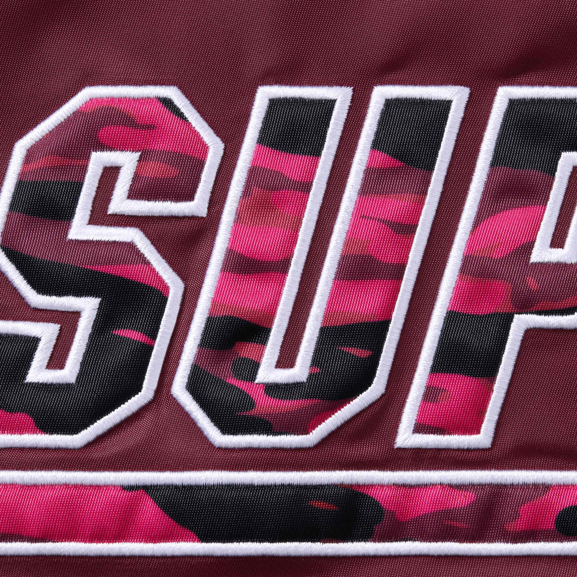 Supreme®/Mitchell & Ness® Camo Logo Varsity Jacket Burgundy